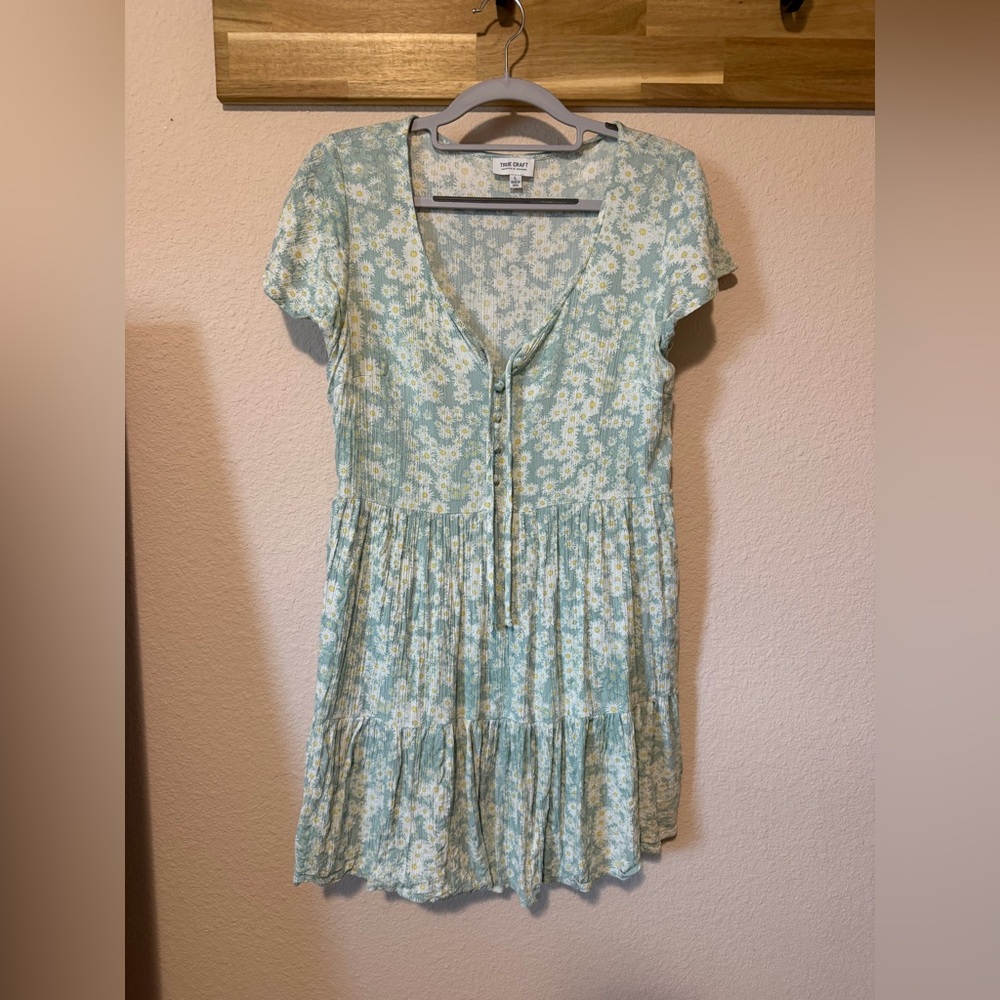 True Craft Light Blue Floral Tie-Front Tiered Mini Dress